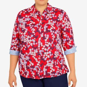 NWT Alfred Dunner Red Floral Button Up Shirt Womens 3/4 Sleeve design cuff 3X